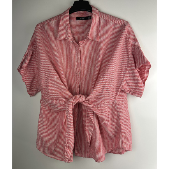 Lauren Ralph Lauren Striped Tie-Front Linen Shirt Red White Women's Plus Size 3X - Picture 2 of 10